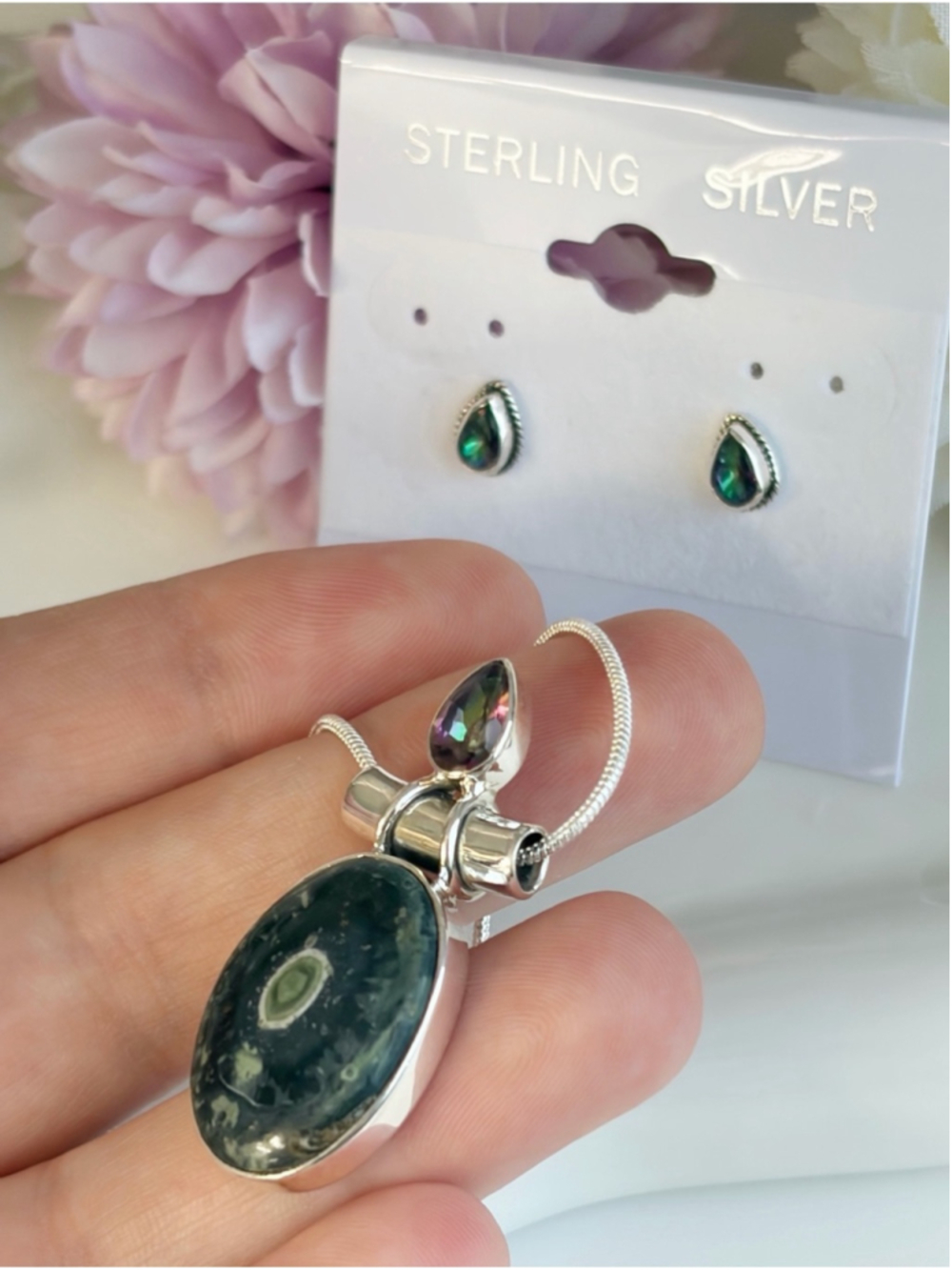 Pure Sterling Silver 925 Mystic Topaz and Kambaba Jasper Jewelry Set Lot New